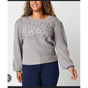 Liz Claiborne gray pullover sweater with puffy embroidered flowers,  sz XXL